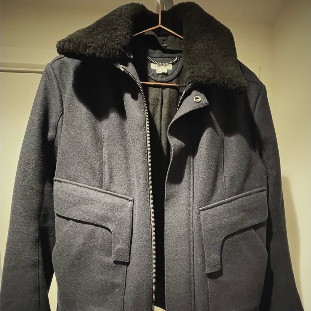 HELMUT LANG / Mens Navy Felted Wool Coat w/ Black Faux Fur Collar